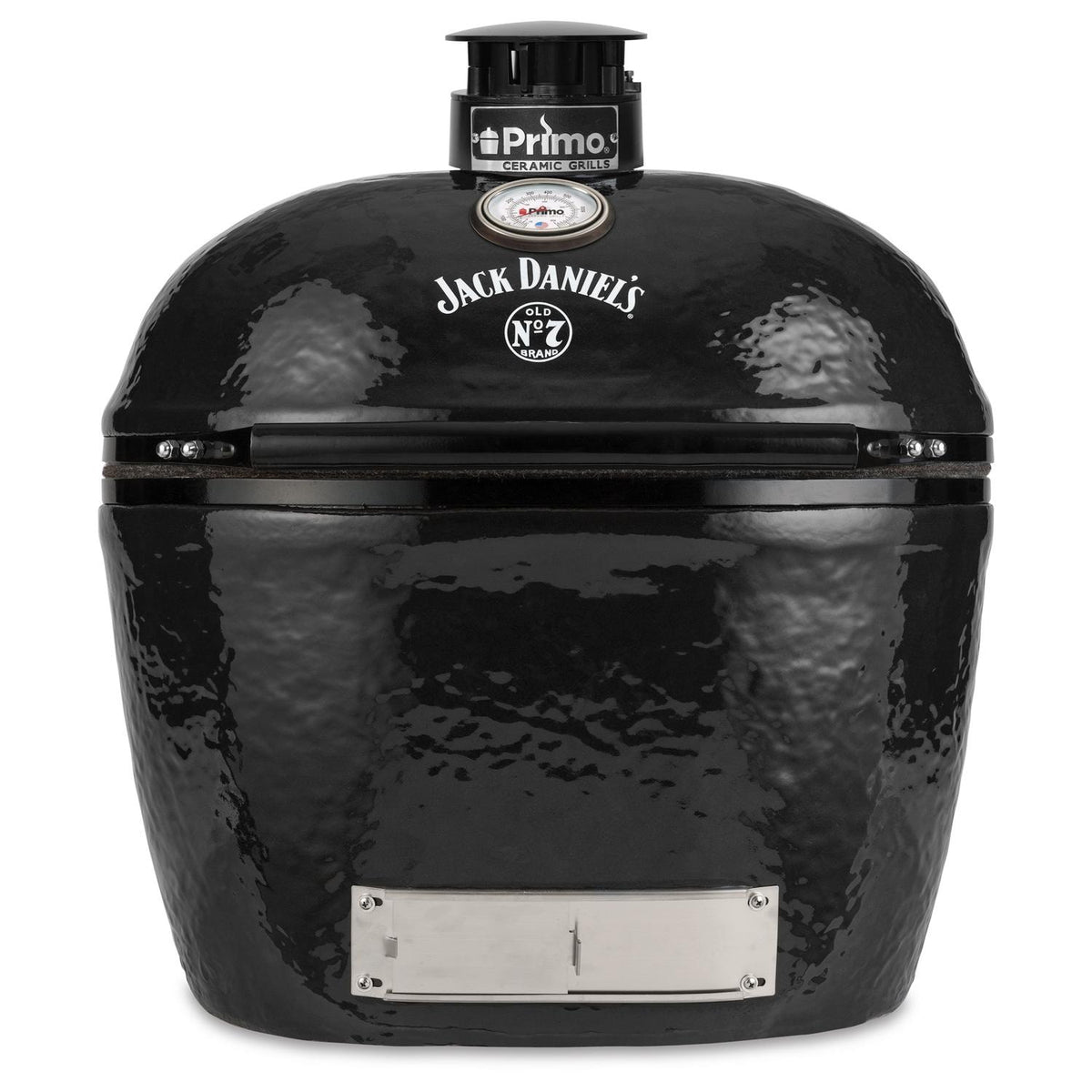 Primo Jack Daniels Edition Oval XL 400 Ceramic Kamado Grill On Curved Cypress Table With Stainless Steel Grates